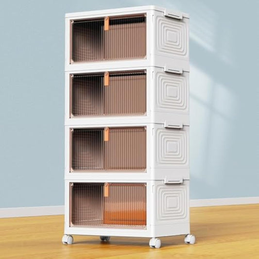 4 Tier Plastic Storage Bins with Lid 23QT, Stackable Storage Containers with Wheels, Folding Storage Boxes, Stackable Storage Bins, Organizers and Storage for Living Room,Office,Dorm