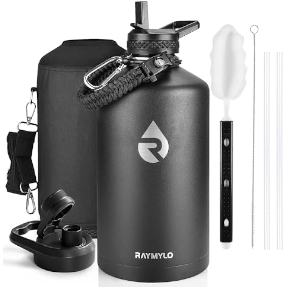 One Gallon Water Bottle Insulated, Triple Walled Vacuum Stainless Steel (Cold for 48 Hrs), Leak Proof & Non-BPA, Large Water Flask Jug with Paracord Handle & Straw Spout Lids