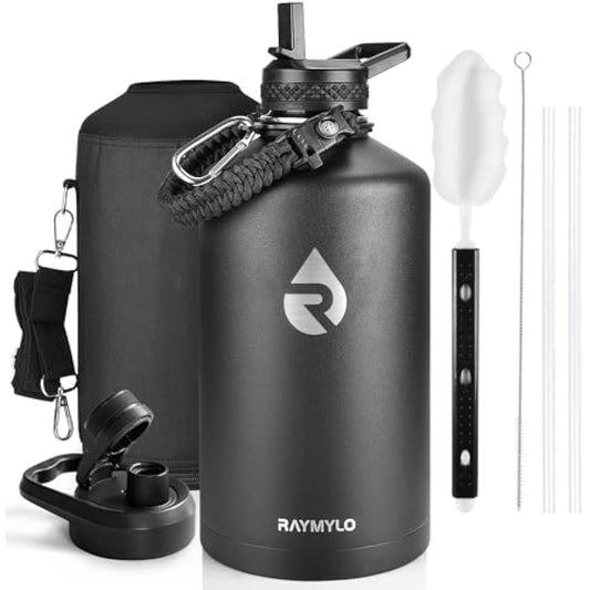 One Gallon Water Bottle Insulated, Triple Walled Vacuum Stainless Steel (Cold for 48 Hrs), Leak Proof & Non-BPA, Large Water Flask Jug with Paracord Handle & Straw Spout Lids