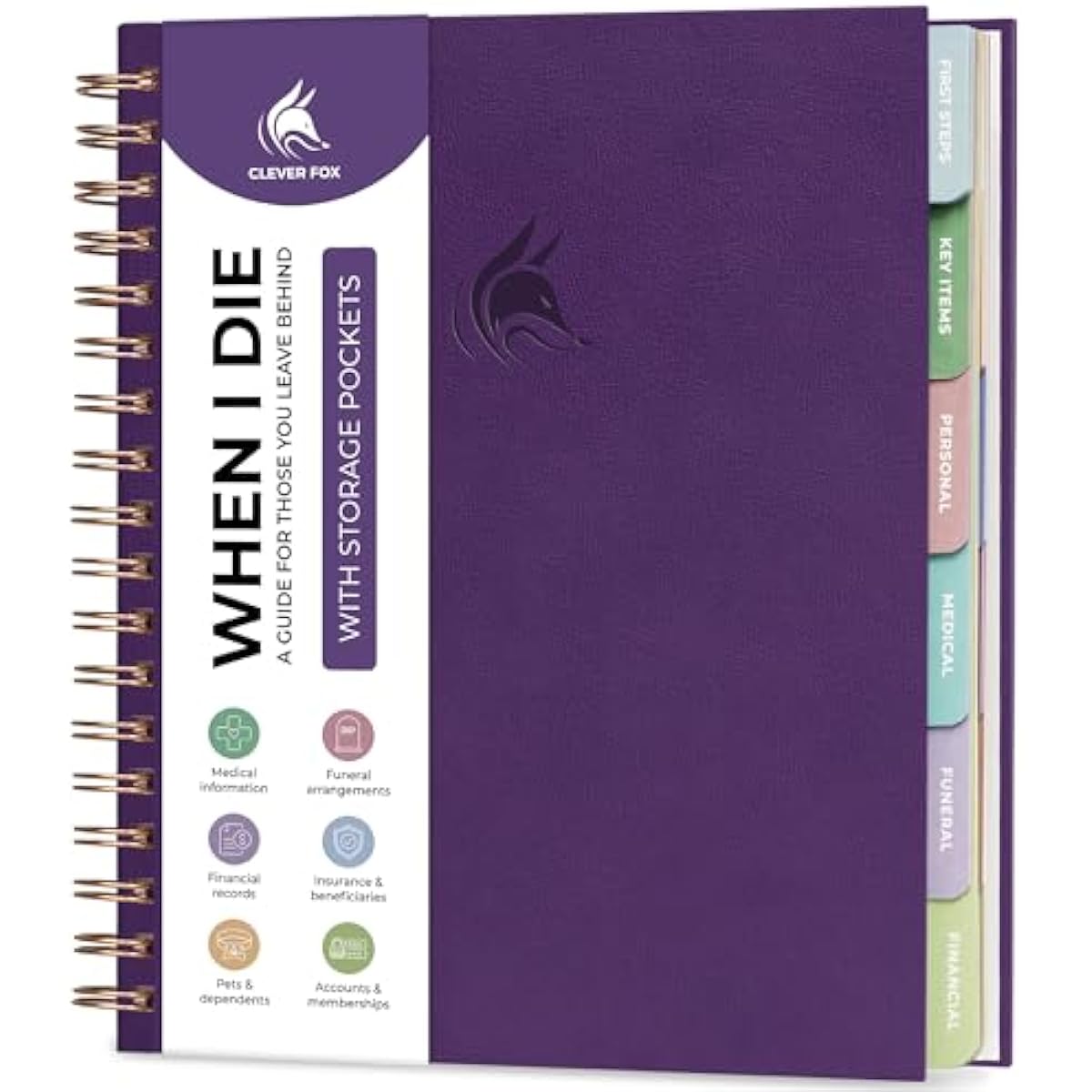 Clever Fox When I Die Planner With Pockets for Documents – End-of-Life Organizer Binder for Important Personal Info & Final Wishes (Purple)
