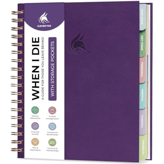 Clever Fox When I Die Planner With Pockets for Documents – End-of-Life Organizer Binder for Important Personal Info & Final Wishes (Purple)