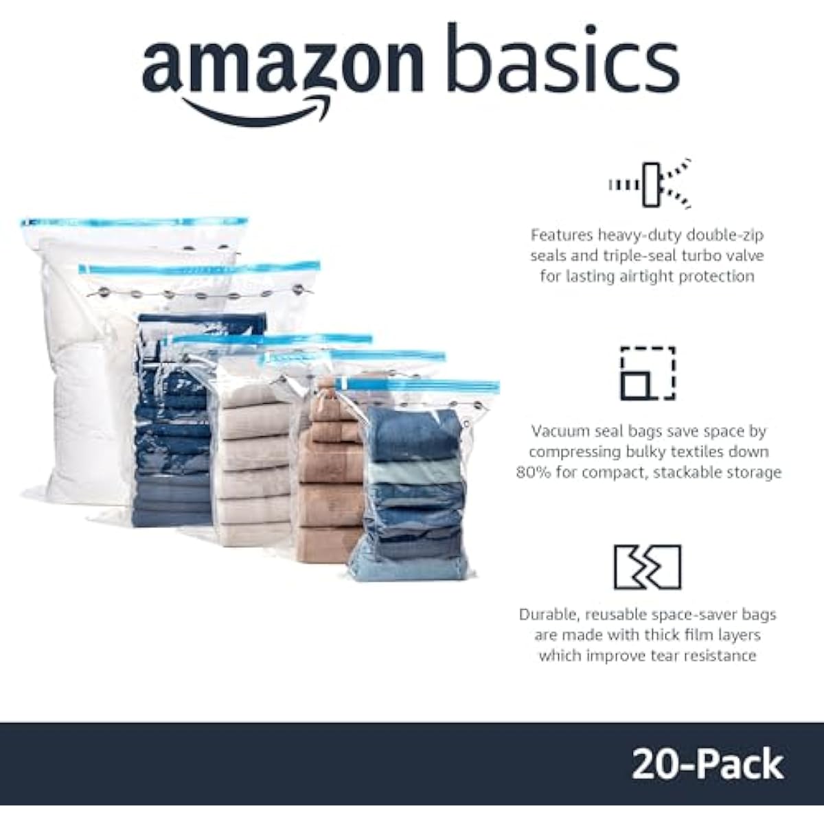 Amazon Basics Vacuum Storage Bags with Hand Pump for Travel, Space Saving Compression Bags for Clothes, Clothing, Blankets and Duvets, Clear, 20 Pack (5 Small, 5 Medium, 5 Large & 5 Jumbo)