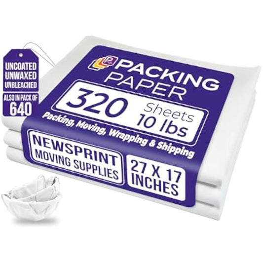 Purple Papers White Bulk Packing Paper | 320 sheets | 27" x 17" | 10 lb | Sheets for Moving - Newsprint Paper - Must Have in Your Moving Supplies | Newsprint Papers | Packaging Paper