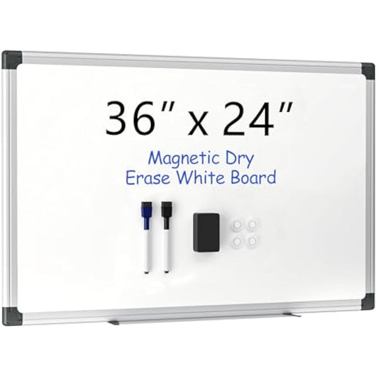 VUSIGN 36" x 24" Magnetic Whiteboard for Wall, Dry Erase Board with Silver Aluminum Frame, Hanging White Board for Office, Home, Classroom – Includes 1 Eraser, 2 Multicolor Markers & 4 Magnets