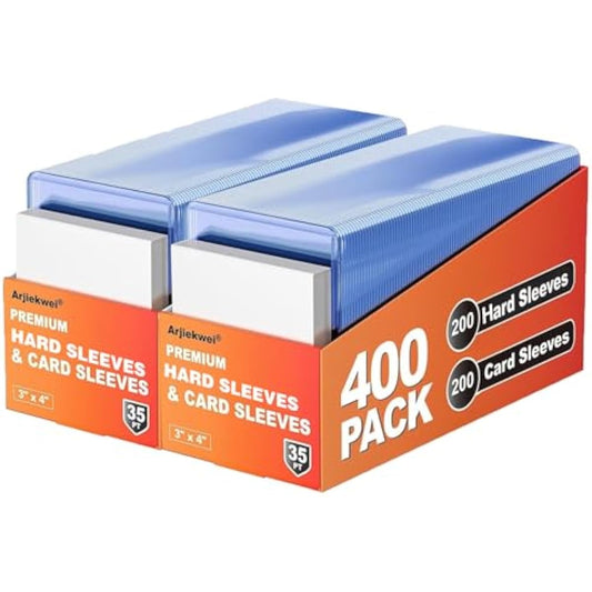 400 Card Sleeves Hard Plastic, Arjiekwei 3"X4" Baseball Cards Protectors Plastic, Premium Card Holder for Trading Sports Baseball Football Game Cards (200 Hard Sleeve + 200 Soft Sleeve)