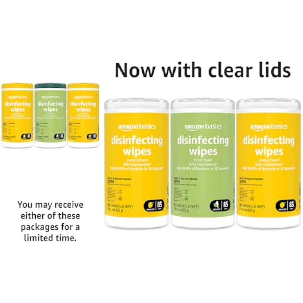 Amazon Basics Disinfecting Wipes, Lemon & Fresh Scent, Sanitizes/Cleans/Disinfects/Deodorizes, 255 Count (2 Packs Lemon, 1 Pack Fresh Scent)