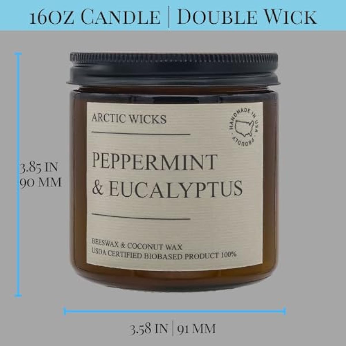 Peppermint & Eucalyptus Candle | Arctic Wicks Non Toxic Coconut Beeswax Candles | Natural Coconut Beeswax 16oz Amber Jar | Spa Wellness Candles Wax Non-Toxic Clean Burn 100% USDA Certified Biobased