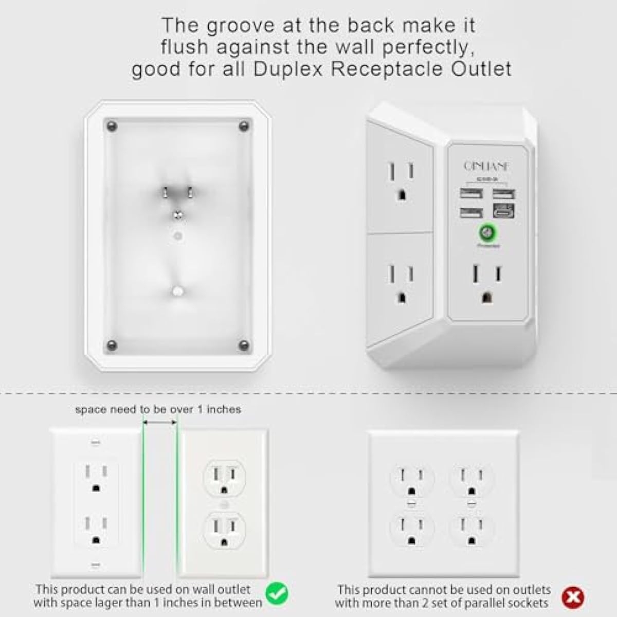 Wall Charger, Surge Protector, QINLIANF 5 Outlet Extender with 4 USB Charging Ports, 3-Sided 1680J Power Strip Multi Plug Adapter Spaced for Home Travel Office