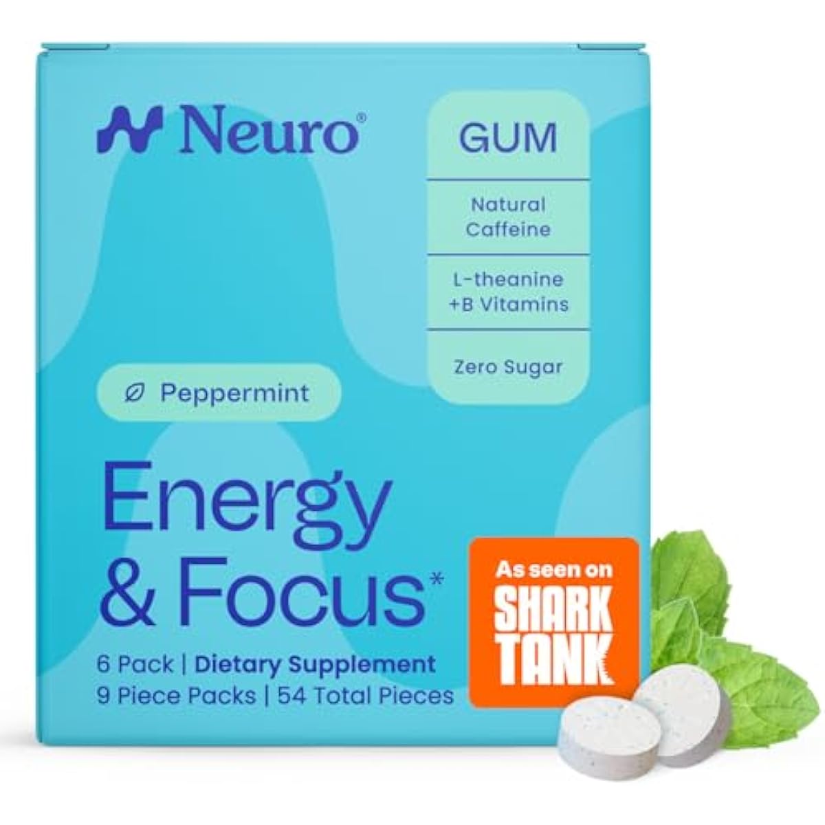 Neuro Energy & Focus Gum - 40mg Natural Caffeine Gum & Nootropic Energy Supplement with L-Theanine & B Vitamins - Sugar Free, Vegan - Peppermint, 54ct