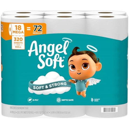 Angel Soft Toilet Paper, 18 Mega Rolls = 72 Regular Rolls, Soft and Strong Toilet Tissue