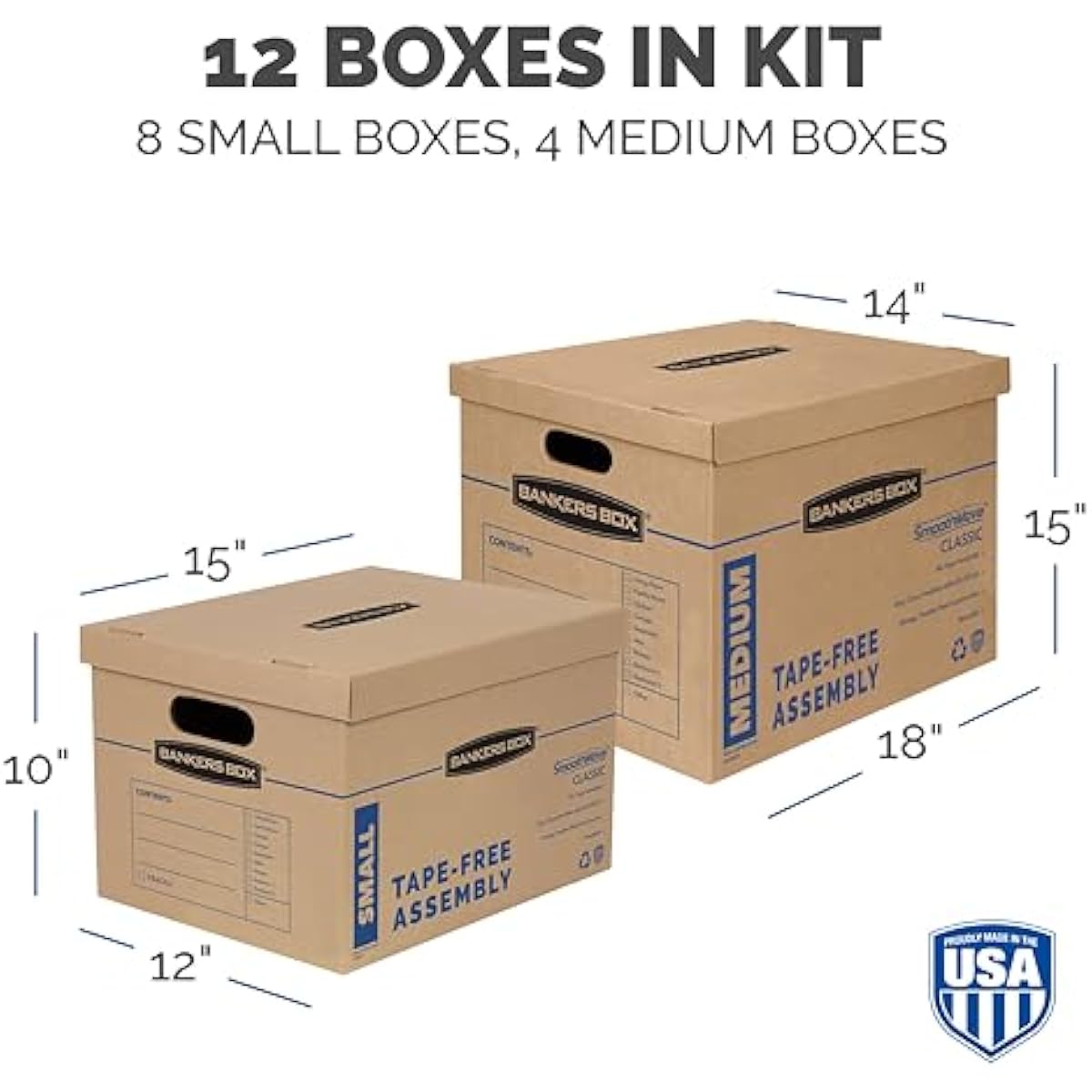 Bankers Box Classic Moving Box 12 Pack Kit, Reinforced Handles, Tape-Free Assembly, Box with Lid, 8 Small and 4 Medium Boxes (7716401)