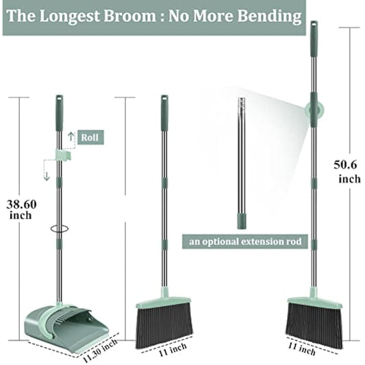 Broom and Dustpan Set for Home, Dust pan with Long Handle, Broom with Dustpan Combo Set, for Home Kitchen Room Office Lobby Floor Use Upright Stand Up Sweeping (Gray&Green)