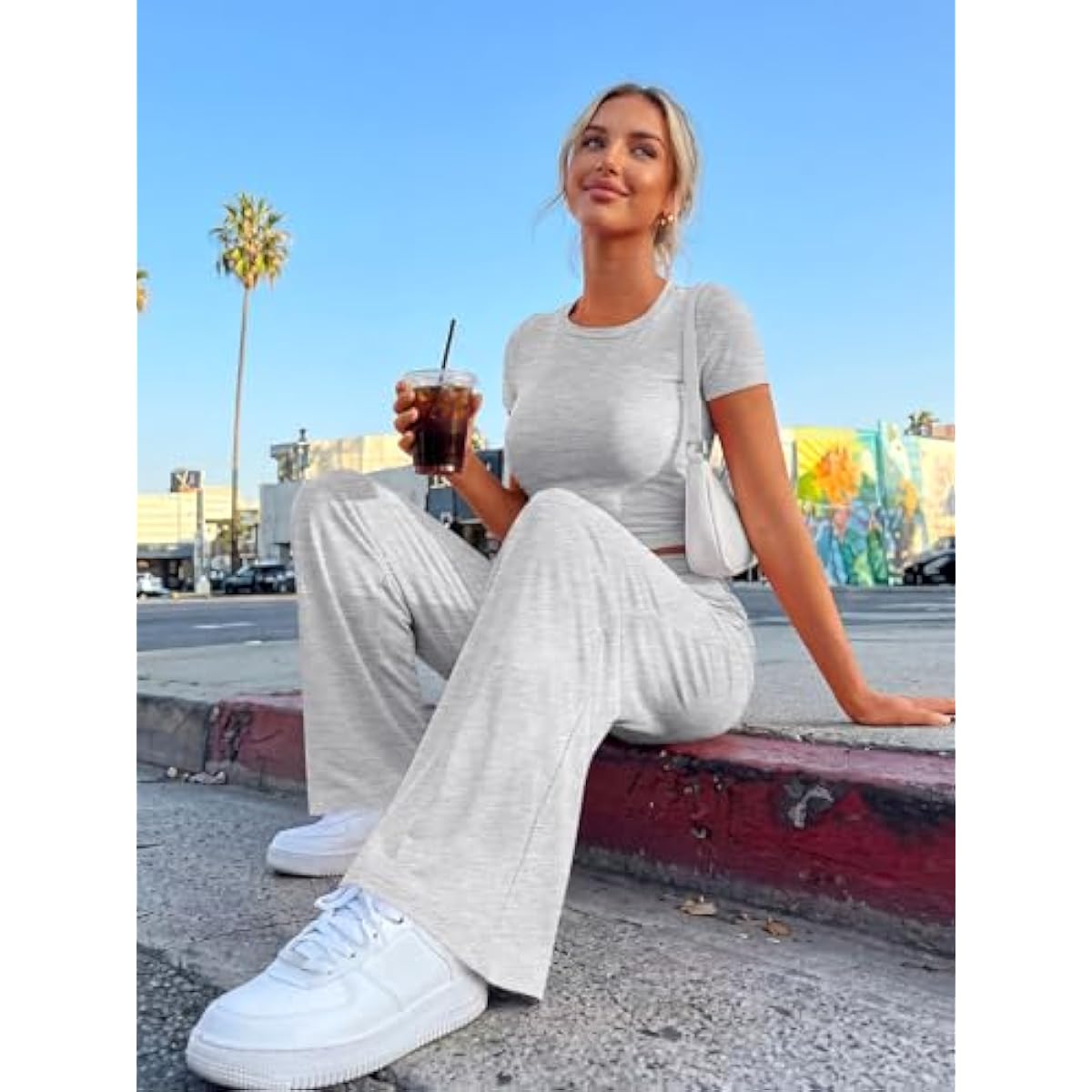 Trendy Queen 2 Piece Matching Summer Sweatsuit Lounge Set Womens Wide Leg Pants Side Ruching Crop Top Sets