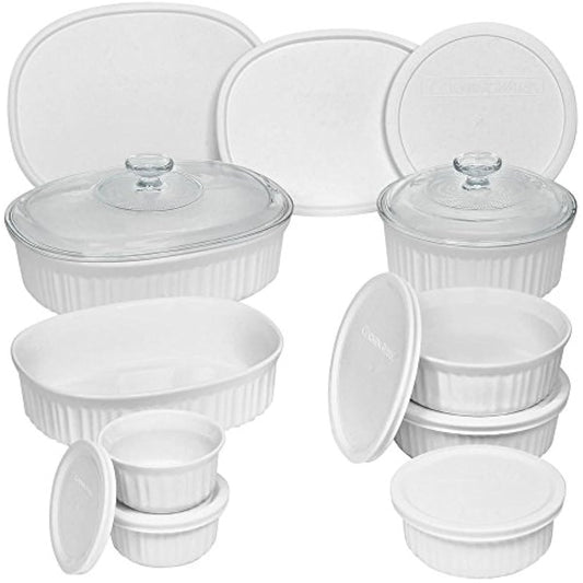 Durable Non-Porous French White 18 Piece Ceramic Made and Oven and Microwave Safe Bakeware Set with Lid by CorningWare