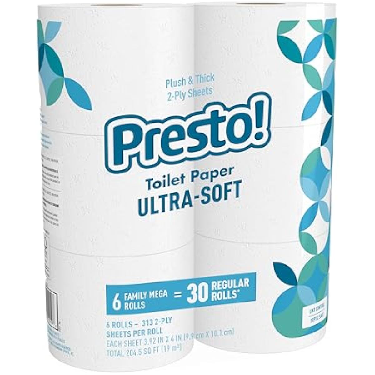 Amazon Brand - Presto! 2-Ply Ultra-Soft Toilet Paper, 6 Family Mega Rolls = 30 regular rolls, 1878 Count (6 roll of 313 sheets), Unscented, White