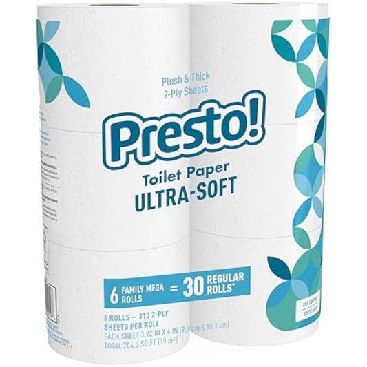 Amazon Brand - Presto! 2-Ply Ultra-Soft Toilet Paper, 6 Family Mega Rolls = 30 regular rolls, 1878 Count (6 roll of 313 sheets), Unscented, White