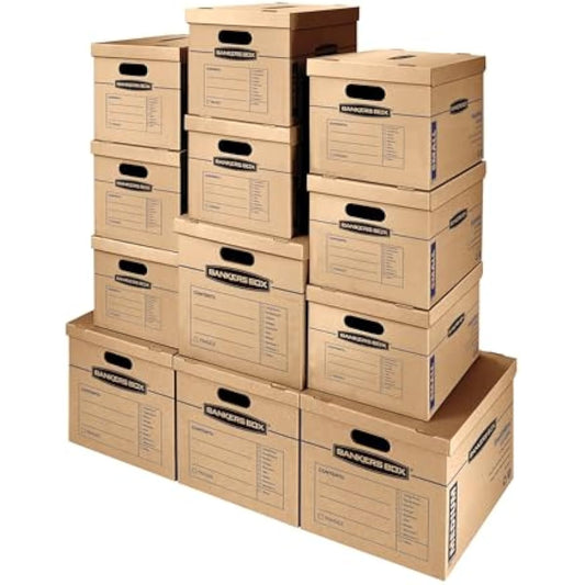 Bankers Box Classic Moving Box 12 Pack Kit, Reinforced Handles, Tape-Free Assembly, Box with Lid, 8 Small and 4 Medium Boxes (7716401)