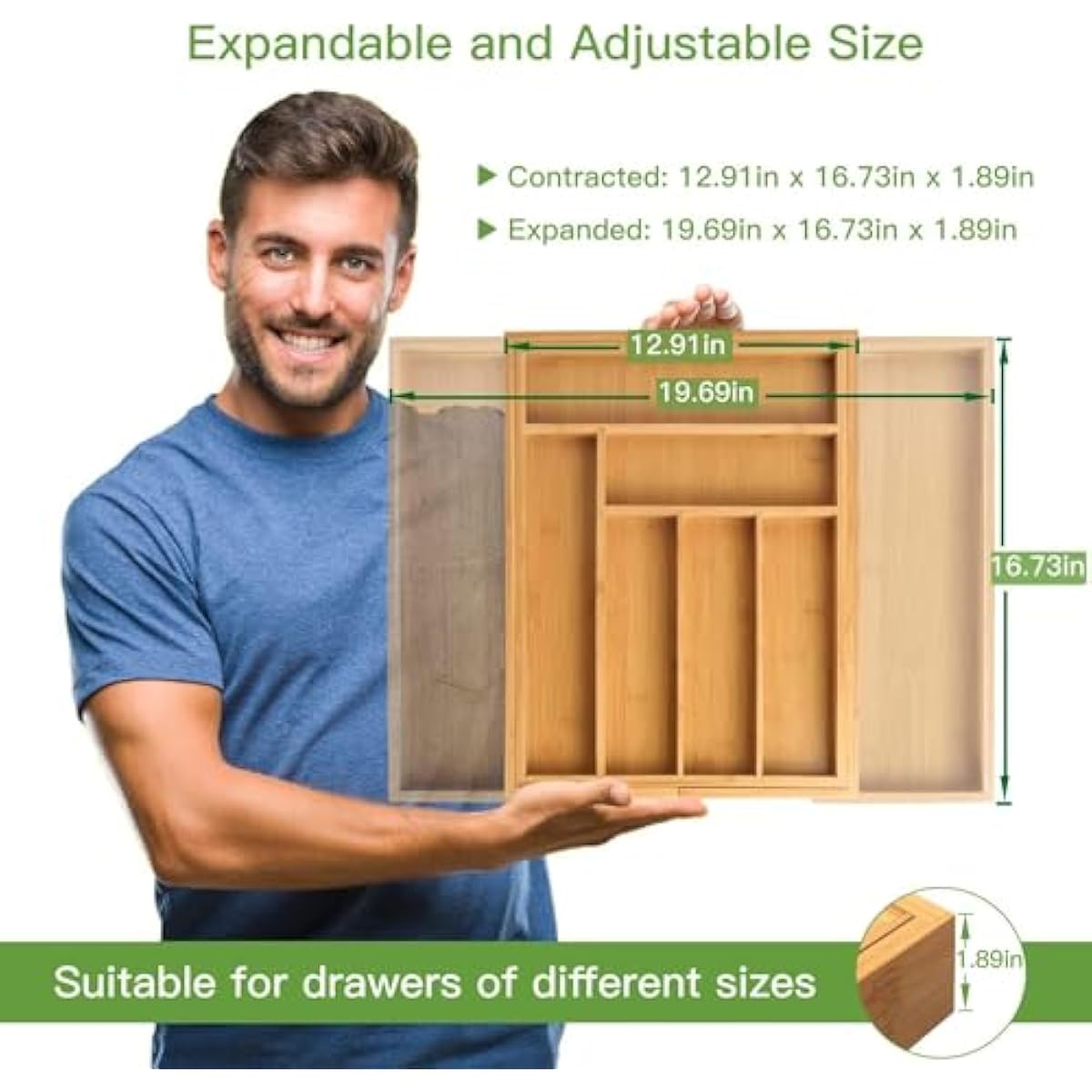 Pipishell Bamboo Expandable Silverware Drawer Organizer, Adjustable Kitchen Utensil Tray for Forks, Spoons and Knives, Wood Storage Cutlery Holder for Bedroom and Living Room