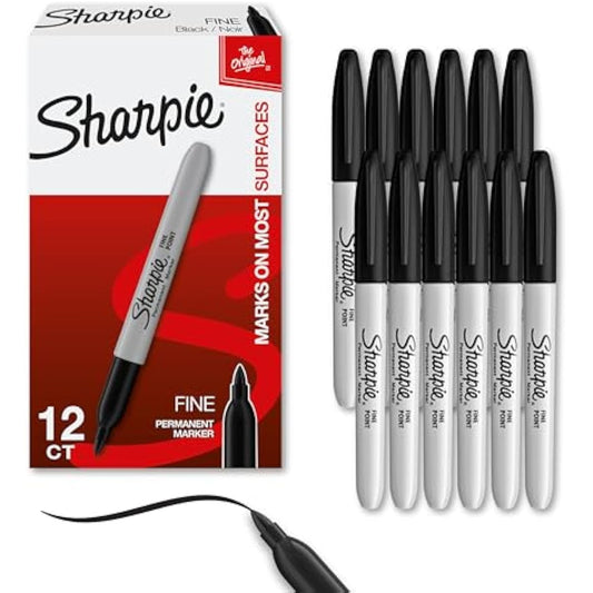 Sharpie Permanent Markers, Fine Tip, Black, 12 Count - Office Supplies, Quick Drying, Fade Resistant, For Wood, Plastic, Paper, Metal, And More