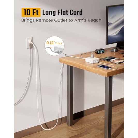 10Ft Extension Cord with Multiple Outlets, Flat Plug Surge Protector Power Strip 10 Ft Long Cord, 8 Outlets & 4 USB Ports (2 USB C), Desk Charging Station for Home Office, College Dorm Room Essentials