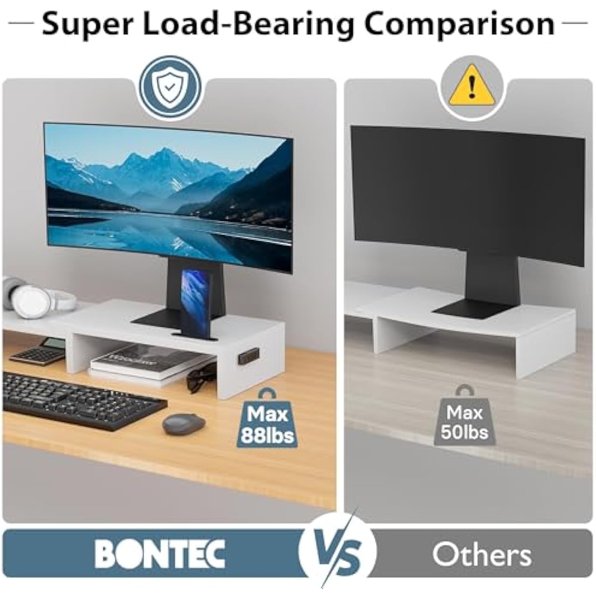 BONTEC Dual Monitor Stand Riser with Smartphone Holder, Adjustable Length & Swivel Angle, Ergonomic Wooden Desktop Organizer for PC Monitor, Laptop, Printer, Large Storage, White