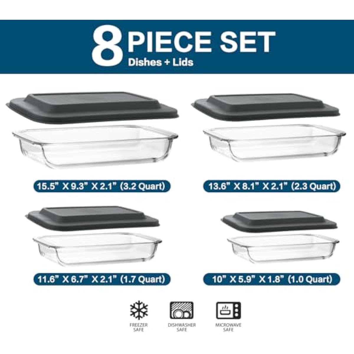 8-Piece Deep Glass Baking Dish Set with Plastic lids,Rectangular Glass Bakeware Set with Lids, Baking Pans for Lasagna, Leftovers, Cooking, Kitchen, Freezer-to-Oven and Dishwasher, Gray