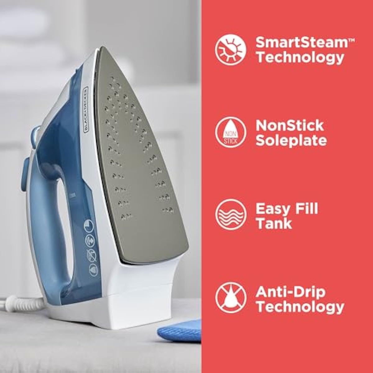 BLACK+DECKER Easy Steam Compact Iron for Clothes, Automatic Shutoff, Nonstick Plate, Light Weight, 1200 Watts