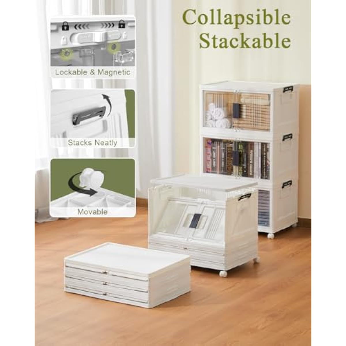 OlarHike 144QT Lockable Storage Bins with Lids - Folding Storage Cabinet with Doors and Wheels, Collapsible Plastic Box for Closets, Office, Stackable Organizer and Containers, Gifts, 3 Pack Cubes