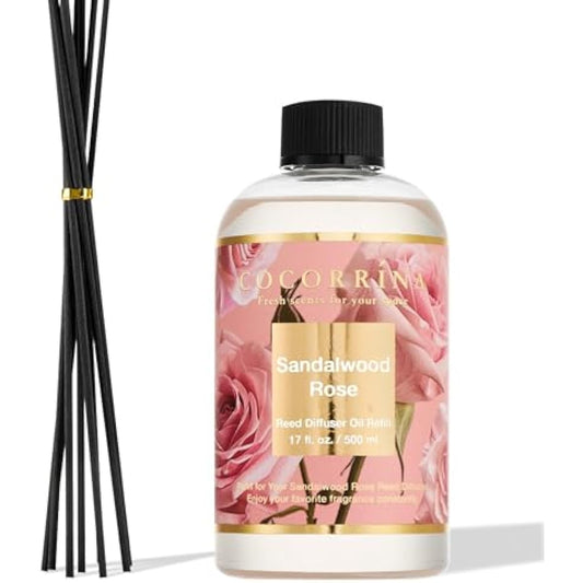 Cocorrína Reed Diffuser Refill Sandalwood Rose 17oz (500ml) with 8 Sticks - Premium Long-Lasting Floral Essential Oil, Home Fragrance for Bedroom, Bathroom Home Decor
