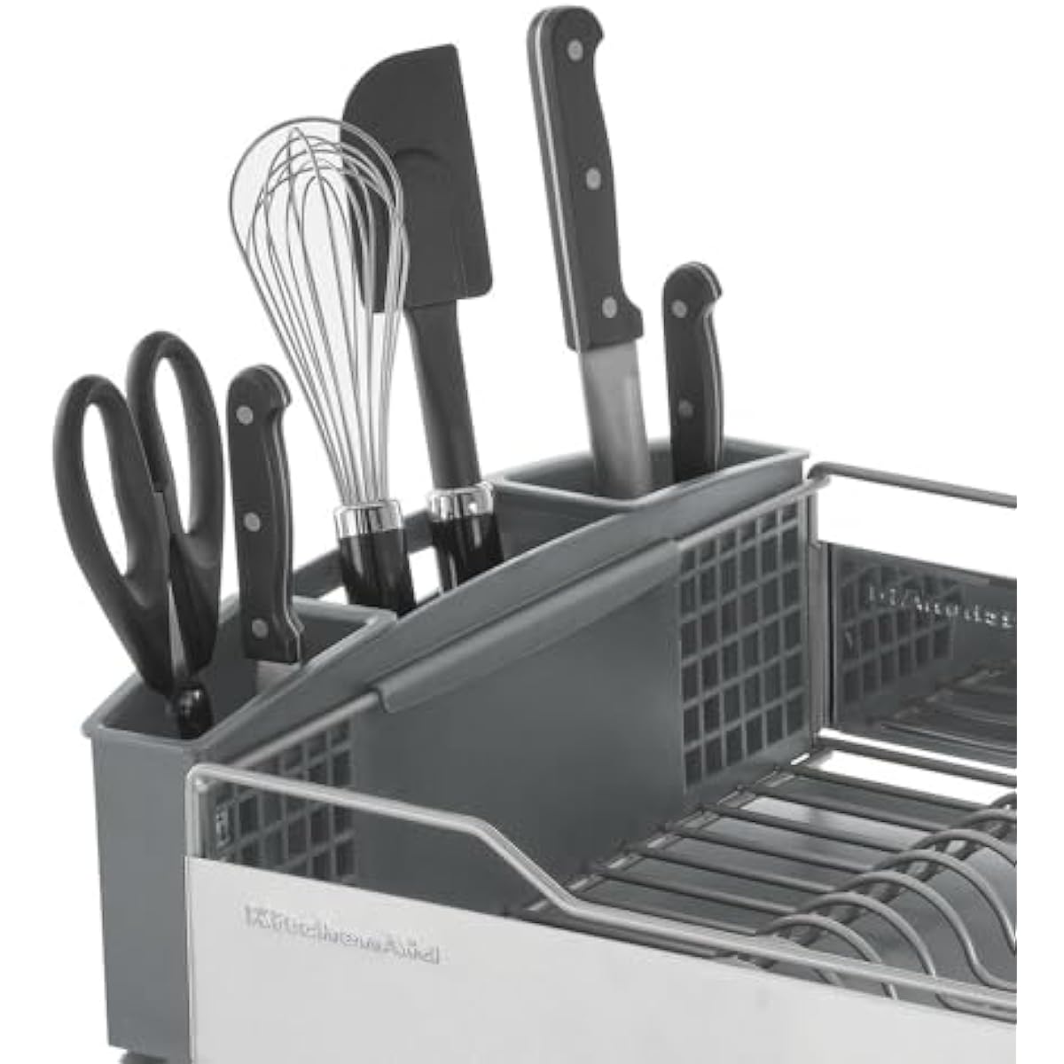 KitchenAid Large Capacity Full Size Rust Resistant Dish Rack with Angled Drain Board and Removable Flatware Caddy, Light Grey