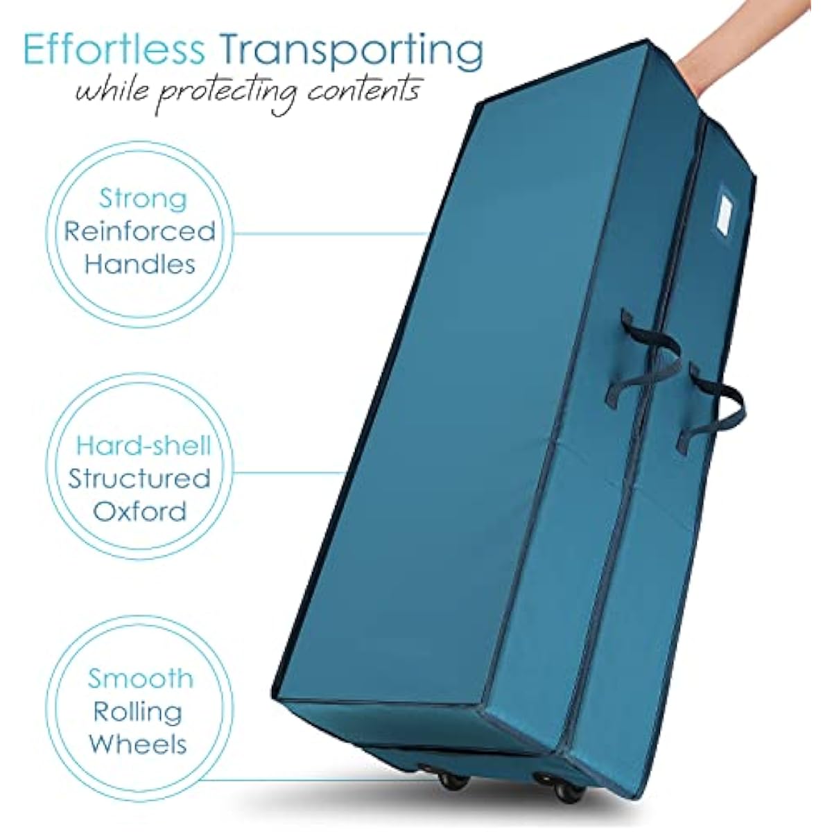 Hearth & Harbor Wrapping Paper Storage Container with Ribbon Dispenser and Interior Pockets - Large Christmas Storage Containers with Wheels, Fits 30 Rolls of 40" Length, Blue