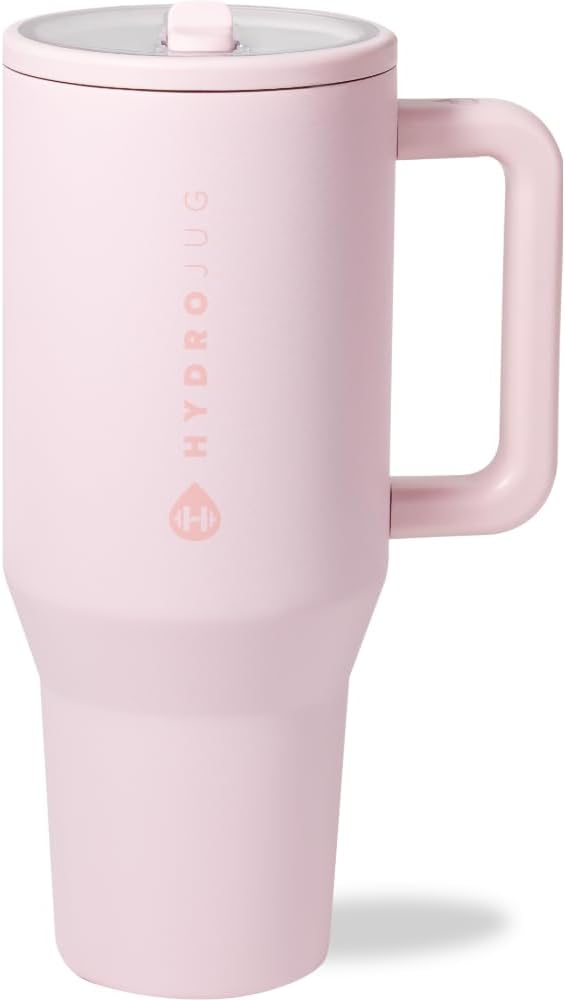 HydroJug Traveler - 32 oz Water Bottle with Handle & Flip Straw - Fits in Cup Holder, Leak Resistant Tumbler-Reusable Insulated Stainless Steel & Rubber Base - Gifts for Women & Men, Pink Sand