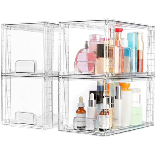 Vtopmart 4 Pack Large Stackable Storage Drawers,Easily Assemble Acrylic Bathroom Closet Undersink Organizers and Storage,Plastic Bins for Kitchen Cabinets,Pantry,Makeup,Medicine Organization