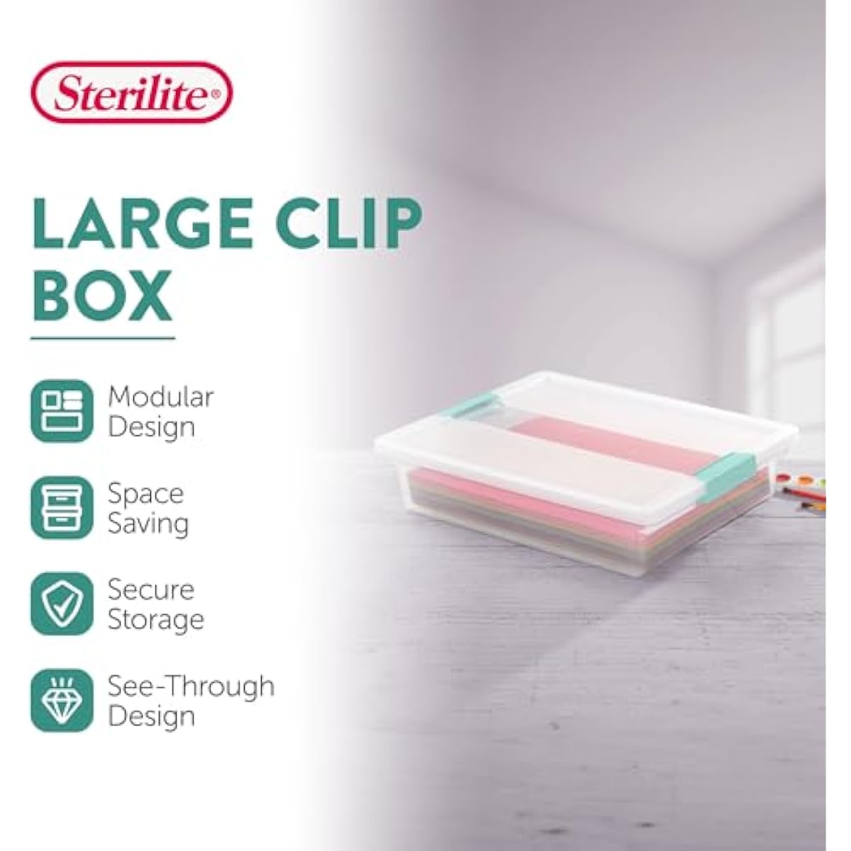 Sterilite 6-Pack Clip Box, Stackable Clear Plastic Bins with Latching Lids, Large - Writing, Arts or Crafts Supplies Storage Containers for Home, Office, Classroom and Workshop Organization