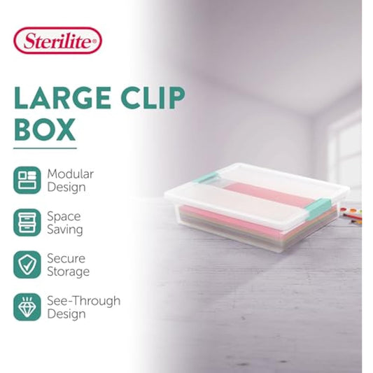 Sterilite 6-Pack Clip Box, Stackable Clear Plastic Bins with Latching Lids, Large - Writing, Arts or Crafts Supplies Storage Containers for Home, Office, Classroom and Workshop Organization