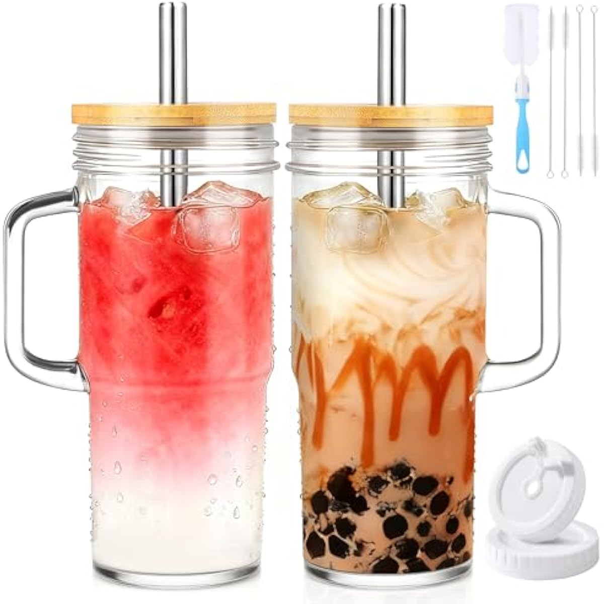Birity 24oz Glass Cups with Lids and Straws,Glass Tumbler with Handle,2 set–Reusable Glass Ice Coffee Cups with Lid and Straw for Smoothies,Tea,Juice,Boba Cup for Cold & Hot Drinks,Travel Cup