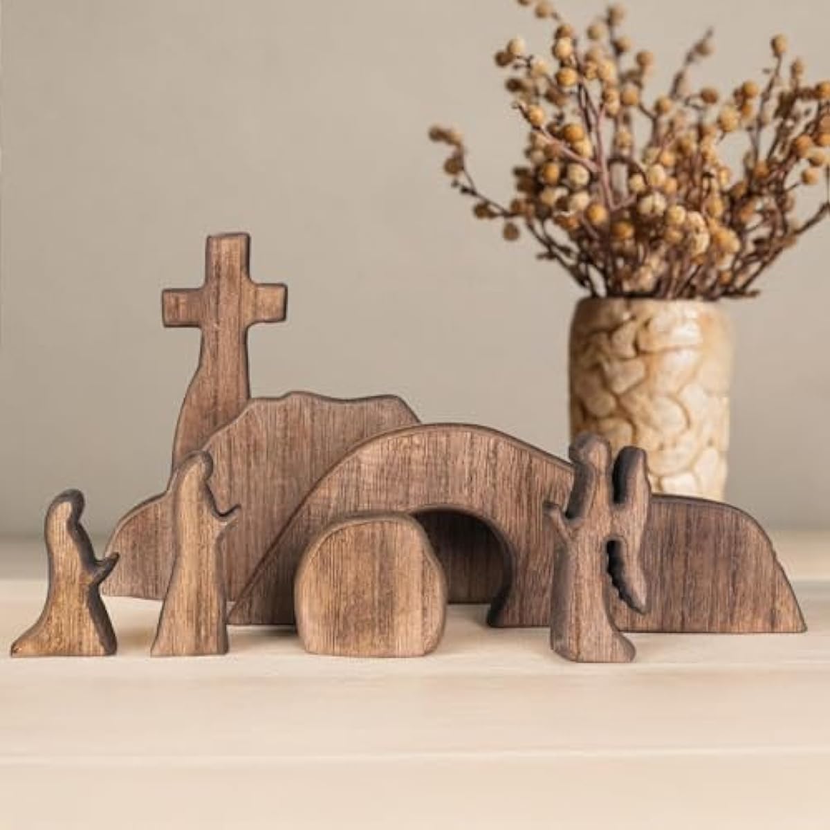 NEROSUN Empty Tomb Easter Scene and Cross Decoration, Wooden Easter Resurrection Scene Cross Jesus Tomb Tray Set, Jesus Nativity Scene Decor for Religious Home Office Tabletop Christian Gifts