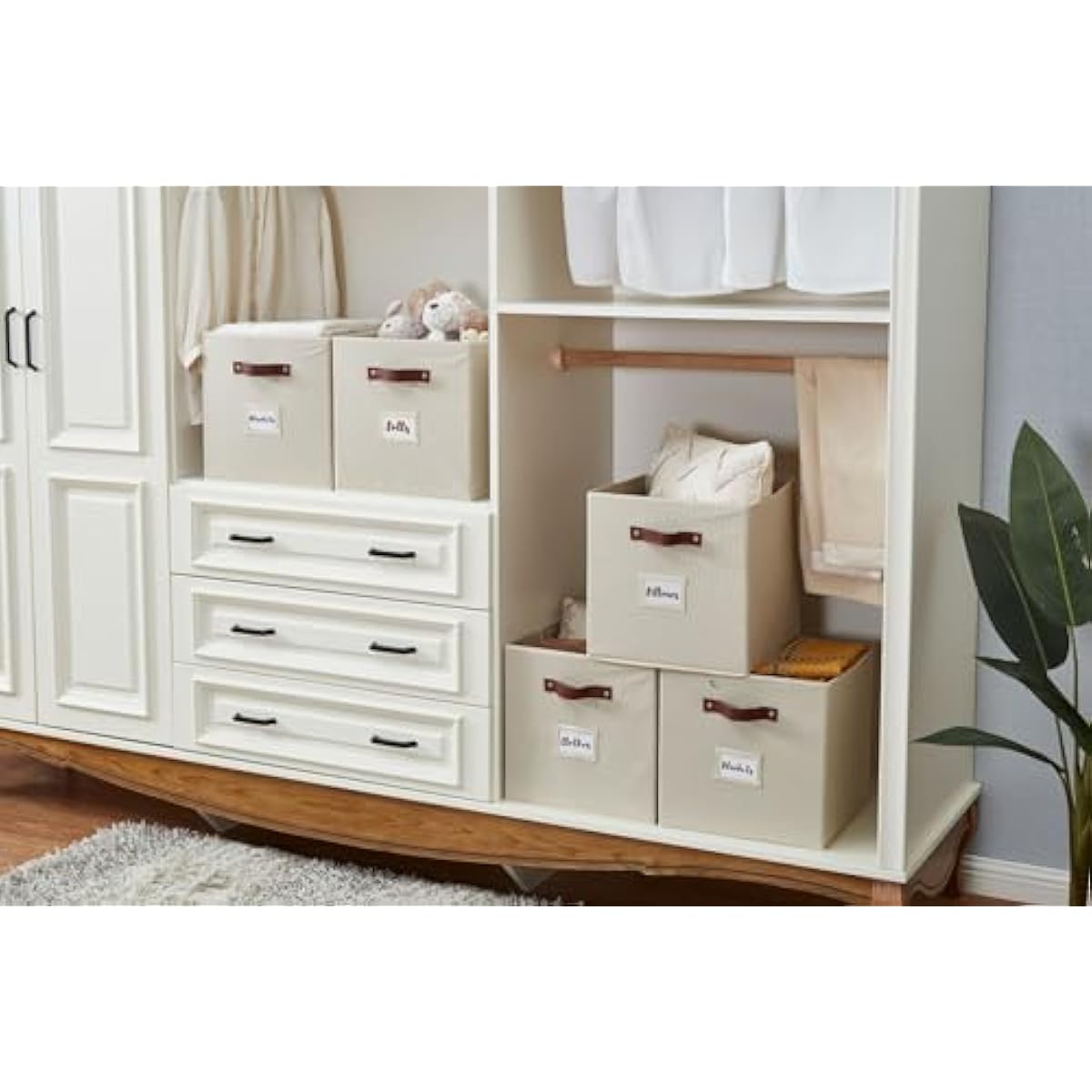 DECOMOMO Storage Bins, Cube Storage Bin with Labels, Fabric Storage Cubes for Shelves (10.5" x 11" / 6pcs, Beige)