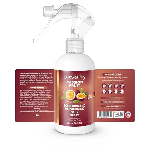 Locsanity Loc Spray Daily Moisturizing Refreshing Spray for Dreadlocks, Locs, Sisterlocks - Passion Fruit Hair and Scalp Moisturizer for Dry Locs, Braids - Lightweight Plant-Based Care (8 fl oz)