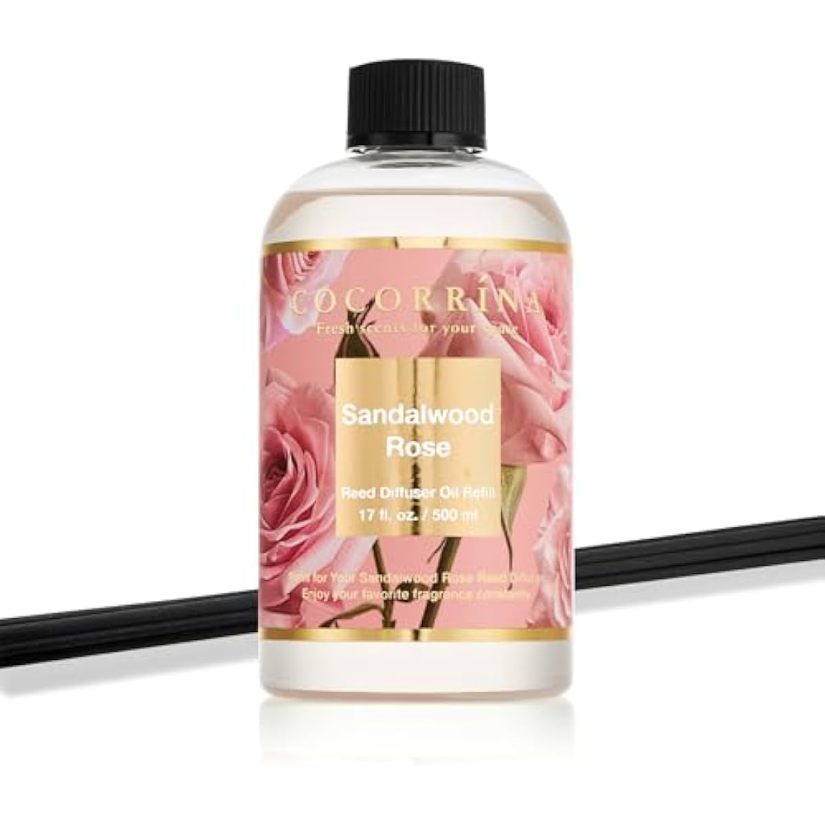 Cocorrína Reed Diffuser Refill Sandalwood Rose 17oz (500ml) with 8 Sticks - Premium Long-Lasting Floral Essential Oil, Home Fragrance for Bedroom, Bathroom Home Decor