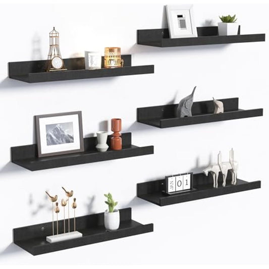 upsimples Floating Shelves for Wall, Wall Shelves for Decor Storage Set of 6, Wall Mounted Wood Shelf for Bedroom, Living Room, Bathroom, Kitchen, Picture Ledge Shelf, Black