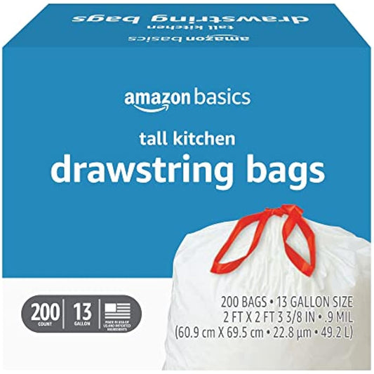 Amazon Basics Tall Kitchen Drawstring Trash Bags, Sturdy, 13 Gallon, Unscented, 200 Count