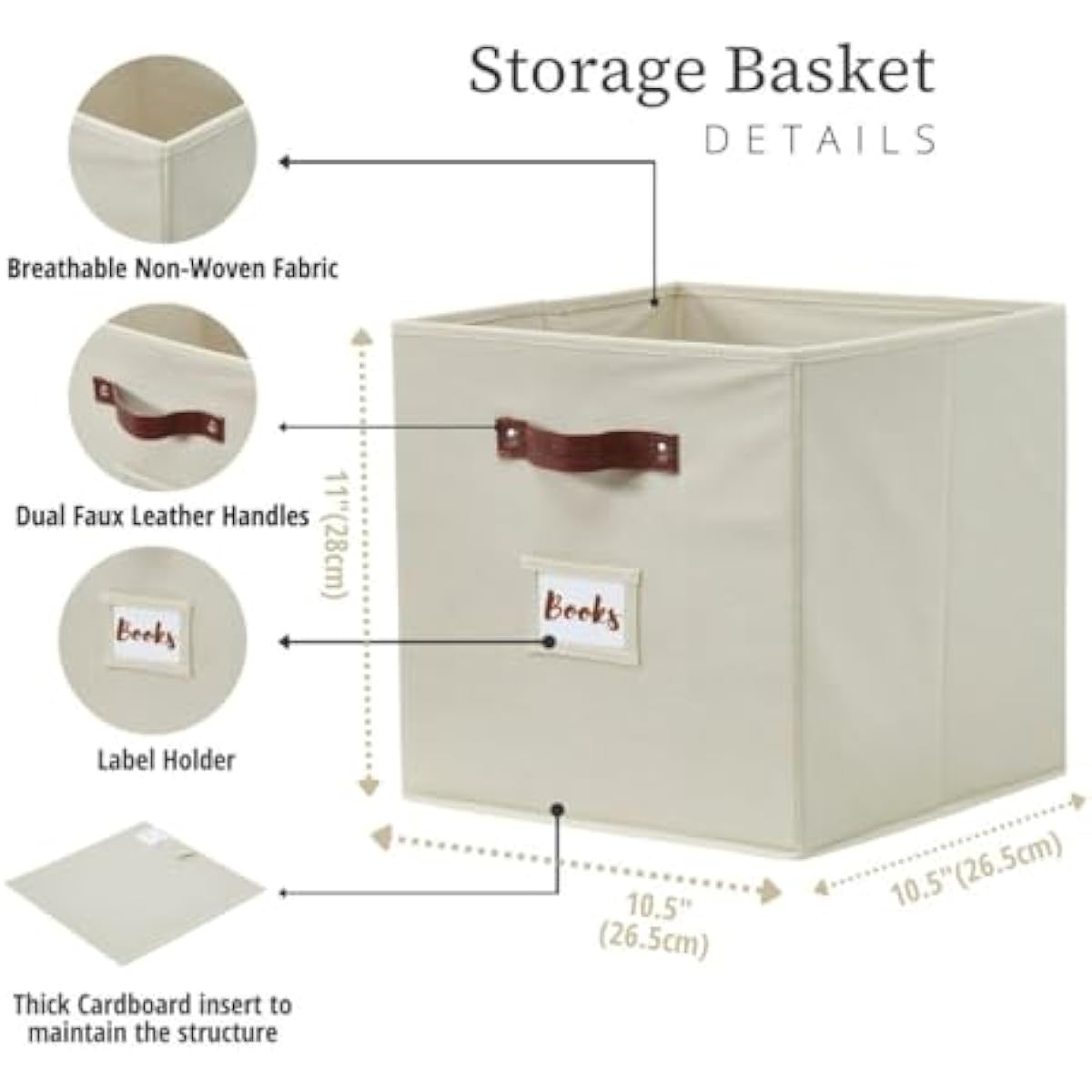 DECOMOMO Storage Bins, Cube Storage Bin with Labels, Fabric Storage Cubes for Shelves (10.5" x 11" / 6pcs, Beige)