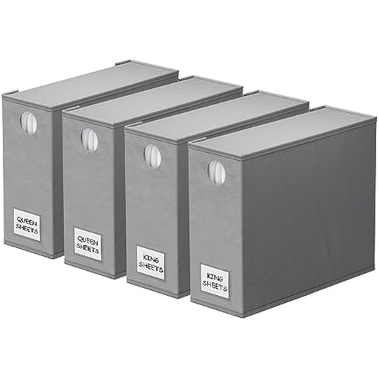 SpaceAid 4 Pack Bed Sheet Organizers and Storage, Foldable Organizer for Linen Closet, Sheets Set Folder Keeper with Window XL (Queen & King Size) Organizing Bedding Container, Gray 91ZDSN-SL01-G4