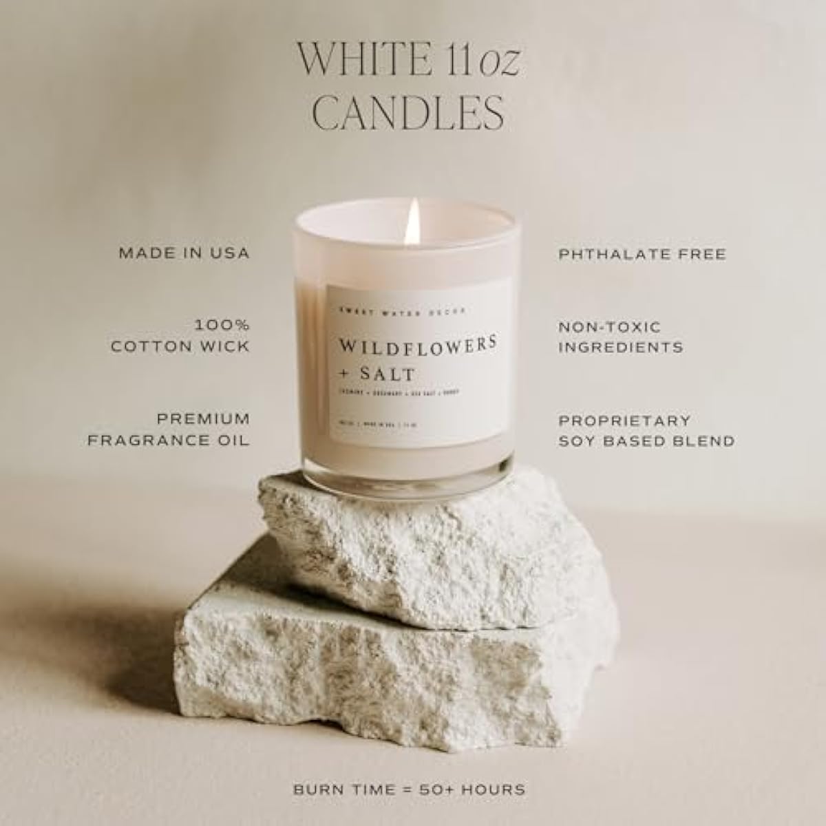 Sweet Water Decor Salt and Sea Candle - Sea Salt, Citrus, Amber, Musk, Beach Scented Soy Candles for Home - 11oz White Glass Jar + Wood Lid, 50+ Hour Burn Time, Made in the USA