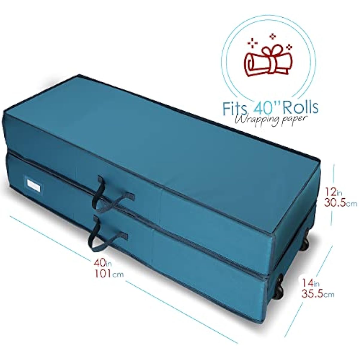 Hearth & Harbor Wrapping Paper Storage Container with Ribbon Dispenser and Interior Pockets - Large Christmas Storage Containers with Wheels, Fits 30 Rolls of 40" Length, Blue