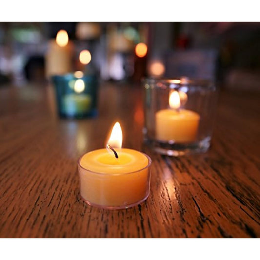 Bluecorn Beeswax Tea Light Candles, 100% Pure Natural Bees Wax, Yellow Tea Lights, Fragrance Free, Paraffin & Soy Free Candle Wax, Clean Burning, Long Lasting (4-5 Hrs), American Made, 24 Pack