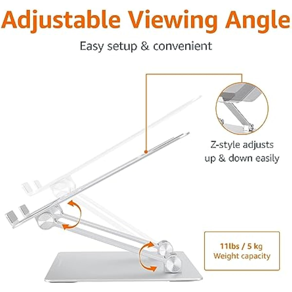 Amazon Basics Sturdy and Portable Ergonomic Laptop Stand for Desk, Height Adjustable Riser with Ventilated Cooling, Foldable, Fits all Laptops up to 17.3 Inch, Silver, 10 x 8.7 x 6 in