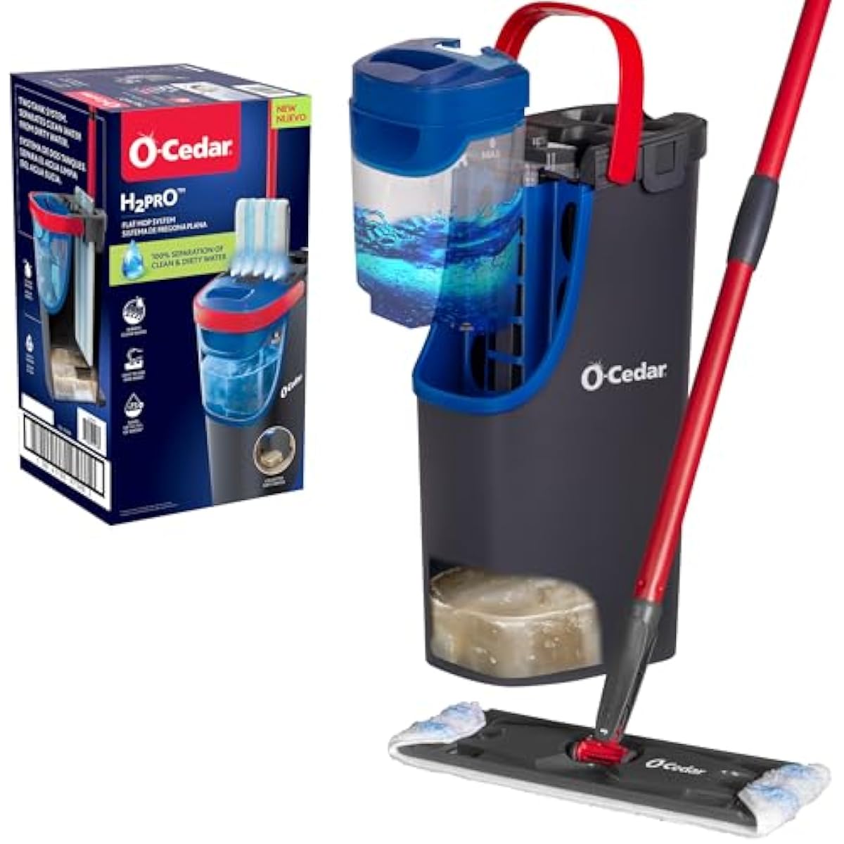O-Cedar H2prO Flat Mop System | Quick Cleaning Tool | Clean with Water | Machine Washable Reusable Microfiber Mop Pad | Safe on Wood Floors, Vinyl, Tile, Baseboards, Walls