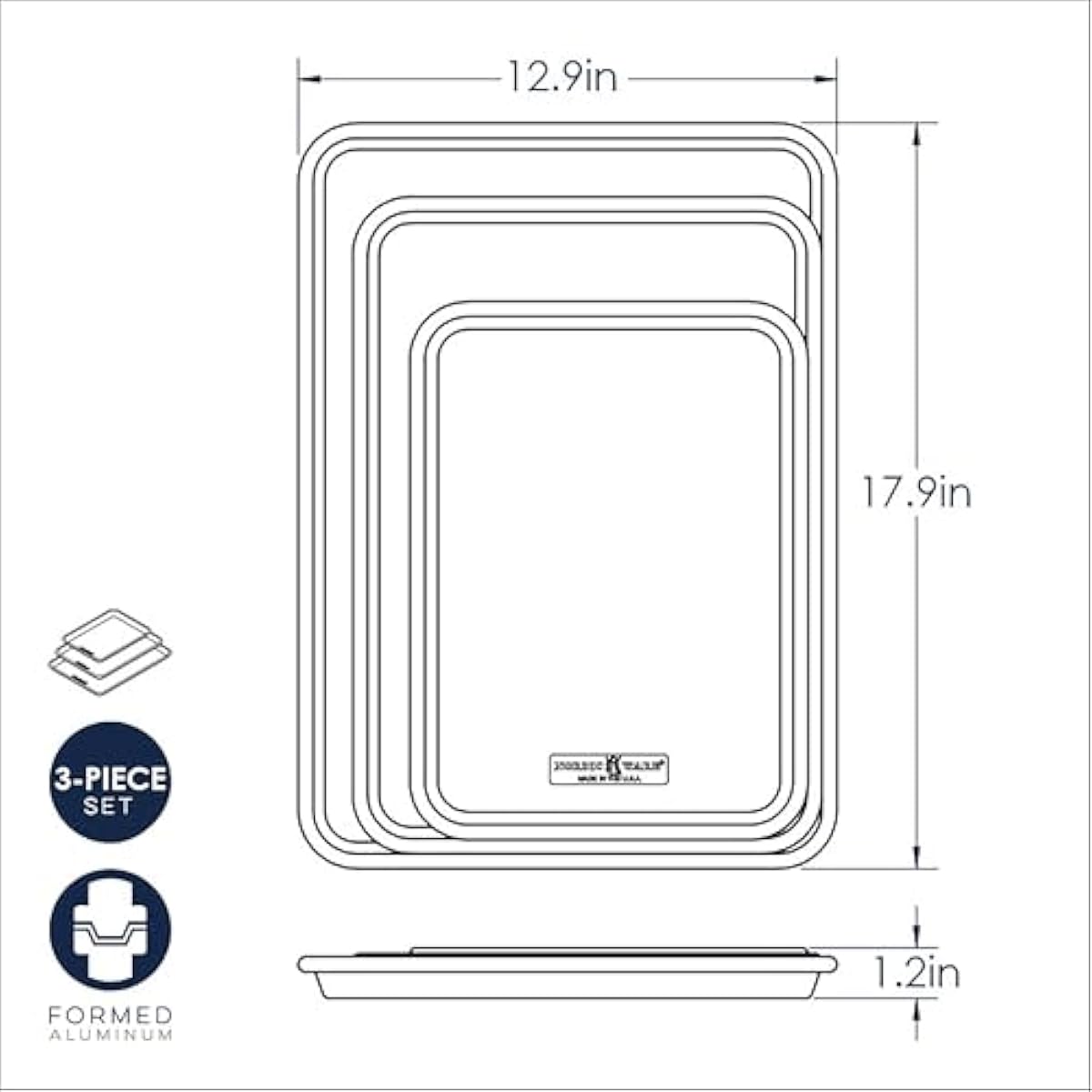 Nordic Ware Naturals 3 Piece Set - USA Made Aluminum Commercial Quality Sheet Pan for Baking or Roasting, Encapsulated Galvanized Steel Rim Prevents Warping; Half Sheet, Jelly Roll and Quarter Sheet
